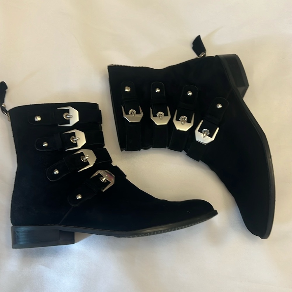 Stuart Weitzman Jitterbug Moto Black Suede Buckle Boots Size 6.5